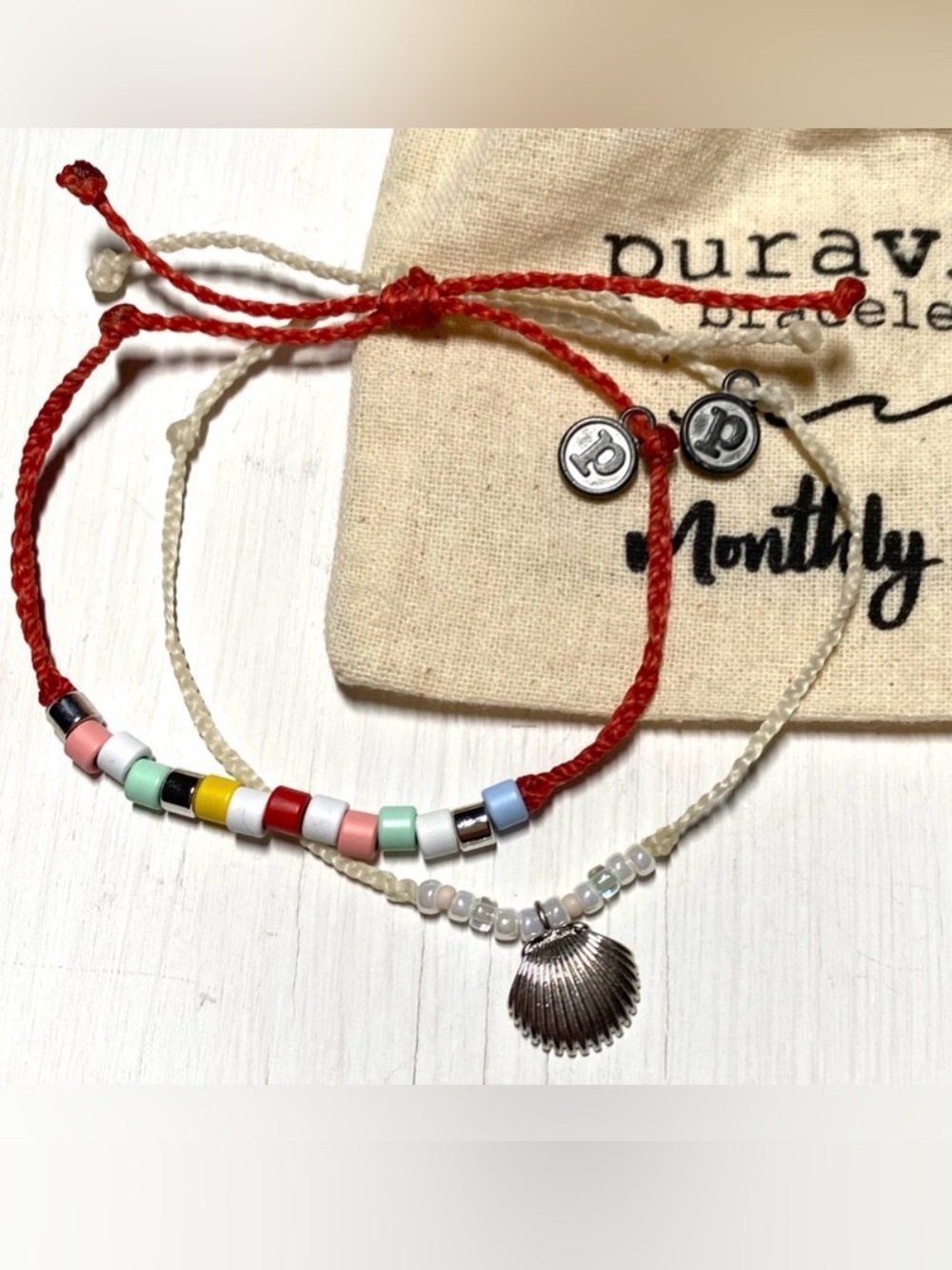 PuraVida Shell Red Cream Beaded String Bracelets Boho Fall Eclectic Festival